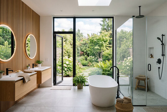 Modern bathroom interior with a spectacular  garden view