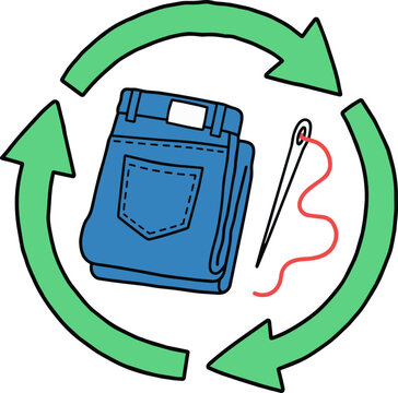 Naive Hand-Drawn Doodle of Recycle Loop enclosing Jeans and Sewing Nee