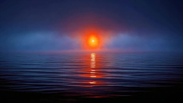 A serene ocean scene at dusk with a fiery sun setting. Reflections cast on water