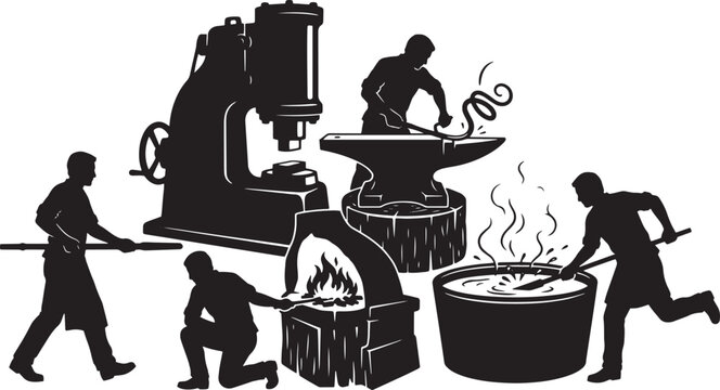 Blacksmiths working in a traditional metal foundry perform manual labor tasks involving furnaces, anvils, and molten metal to depict industrial manufacturing and heavy craftsmanship processes.