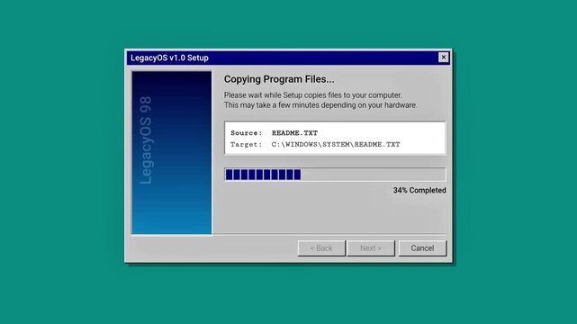 Vintage computer operating system setup installing LegacyOS 98 program files