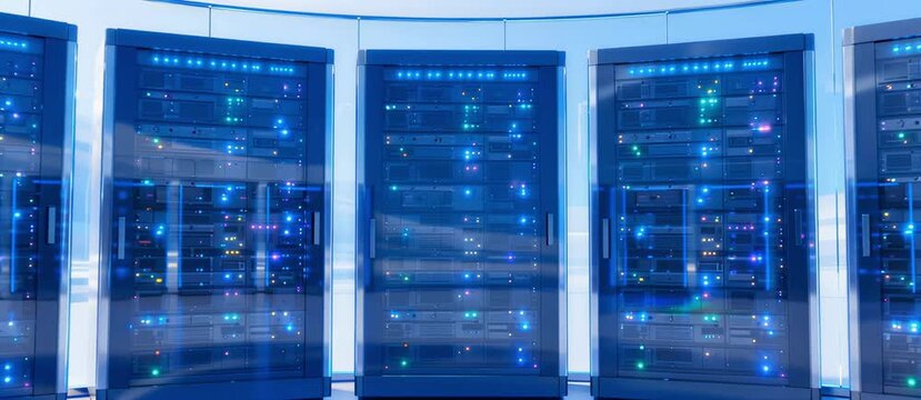 Rows of glowing computer server racks with blue lights in a modern data center