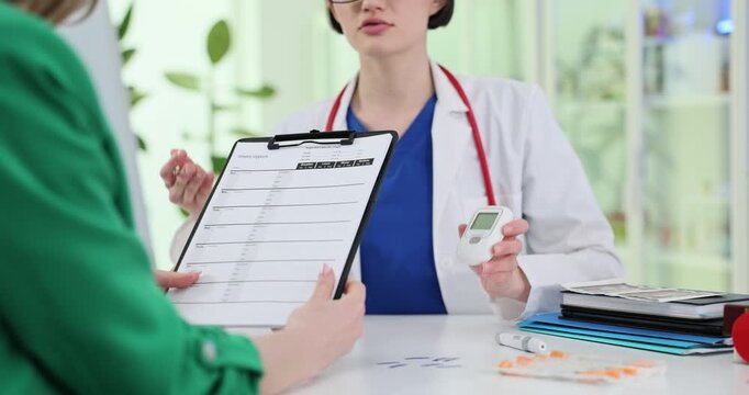 Doctor shows pulse oximeter and tests result to patient in hospital. Female physician explains medical examination data to woman in clinic slow motion