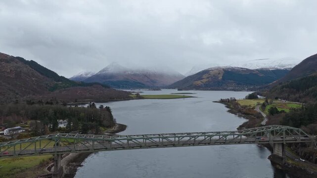 Aerial view of ballachulish bridge spanning loch leven in scotland