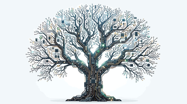 Conceptual digital tree formed by complex electronic circuit boards