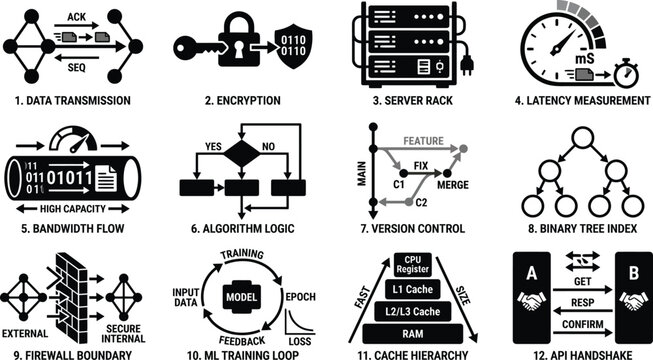Data network and server technology icon set