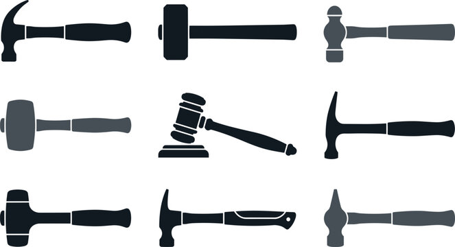 Hammer and Mallet Black Silhouette Vector Icon Set Featuring Claw Sledge Gavel and Mallet for Construction Carpentry Designs