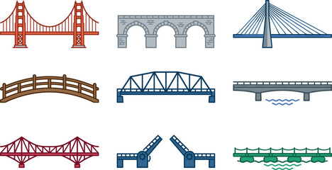 Different Types of Bridge Vector Icon Set Featuring Suspension Arch Cable Stayed and Drawbridge Elements for Architectural Designs © Ruhul