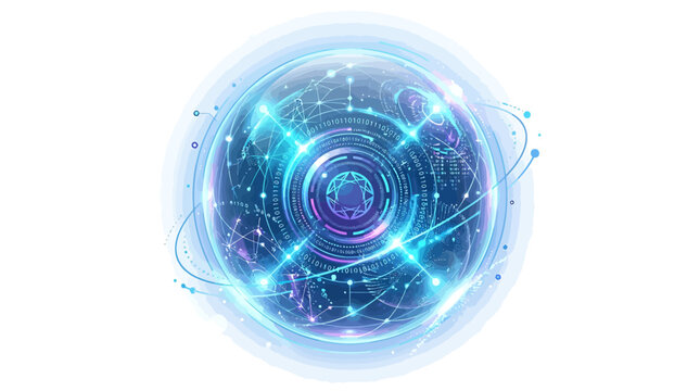 Glowing technological sphere with digital data rings and binary code