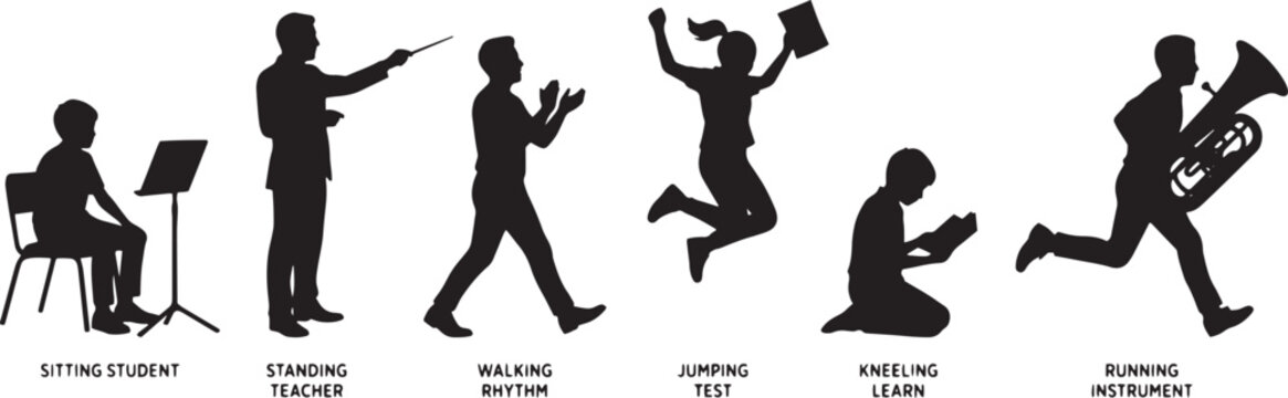 Students and teachers are shown in various active poses including sitting, walking, jumping, and running to represent human movement and school life.