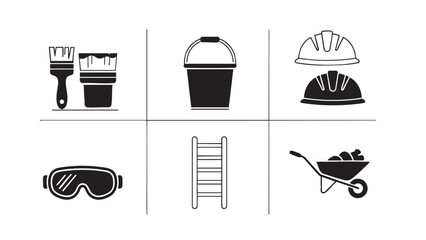 safety helmet, goggles, ladder, bucket and wheelbarrow icons © Rehana