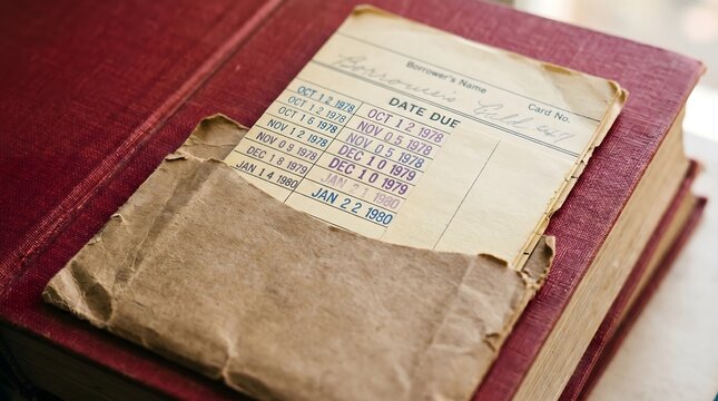 Library, Archive, Old Library Book Card Inside Worn Paper Pocket Close Up. micro focus on a yellowed index form with date stamps, inserted into