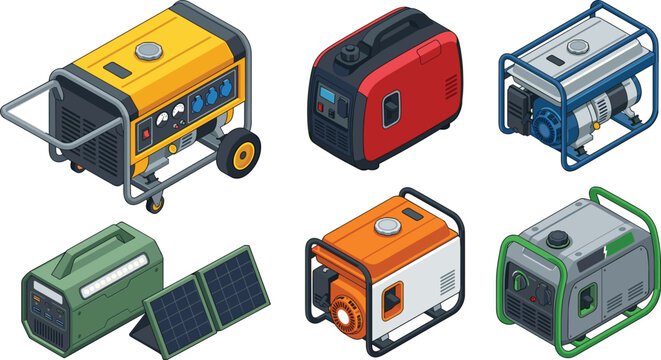 Isometric Portable Power Generator Vector Set with Diesel Gasoline Inverter and Solar Panels for Emergency Electricity Supplies Design