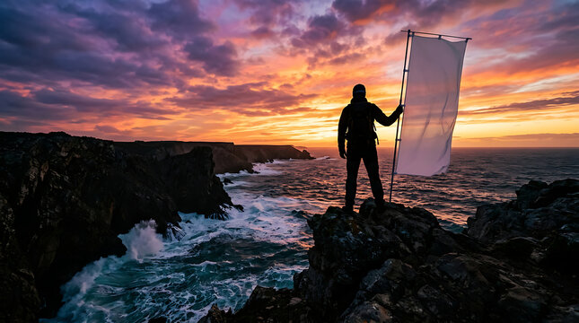 Man holding blank flag on rocky cliff at sunset, ocean waves crashing, dramatic sky