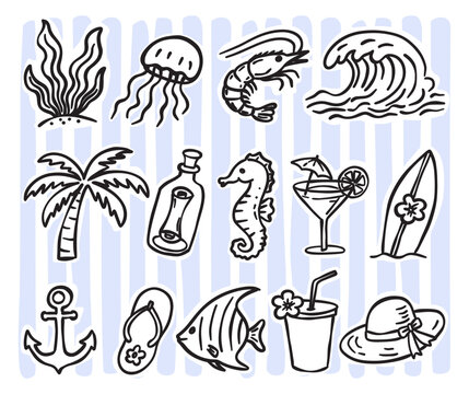 Hand drawn summer coastal doodles collection featuring shells, sea creatures, waves, drinks, and beach elements for stickers, posters, apparel, and craft designs