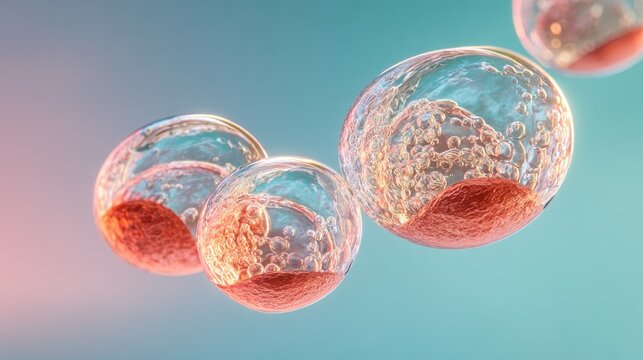 Microscopic biological structures resembling developing ovum or embryonic cells float in a clear medium