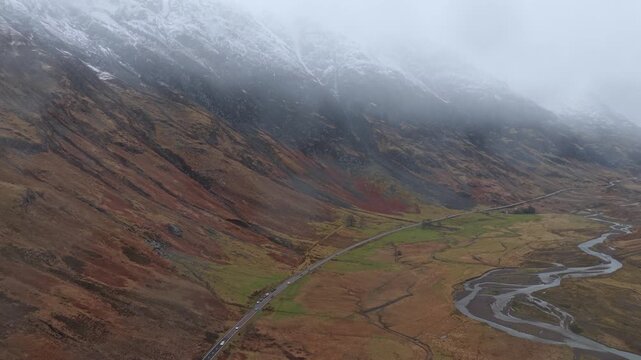 Heavy snow falling in glen coe valley, scotland