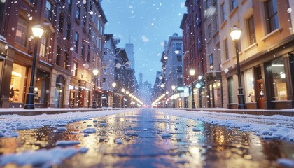 Fototapeta premium Snow Covered City Street at Dusk with Glowing Streetlamps and Reflected Lights on a Quiet Winter Evening