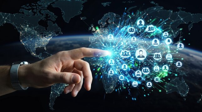 Hand touching a futuristic global network interface on a world map background, illustrating international communication, social media connectivity, big data analysis
