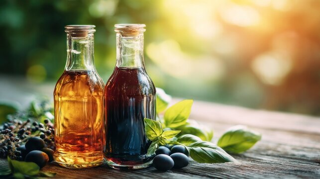 Two glass bottles filled with different colored liquids sit beside fresh herbs and dark fruit outdoors during sunlight