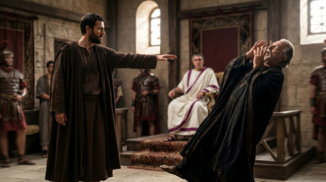 Apostle Paul judging Elymas the sorcerer in the presence of proconsul Sergius Paulus, Biblical scene from Acts of the Apostles, Historical drama depicting a miracle and blindness. 