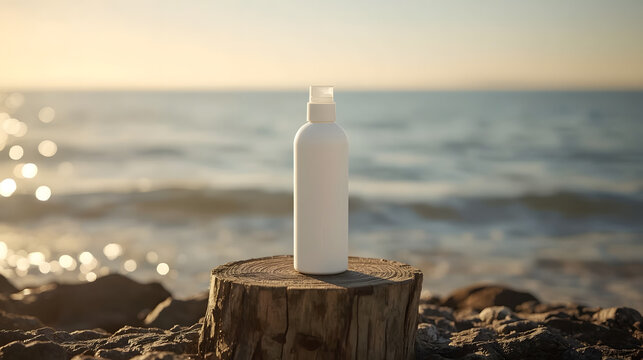 A white bottle of sunscreen sits on a wooden stump on a rocky beach with the ocean and sunset in the background.