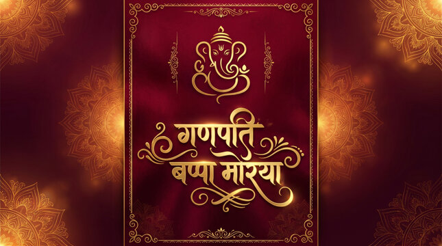 Royal Ganpati Bappa Morya Festival Typography Background with Golden Hindu Calligraphy and Luxury Glow