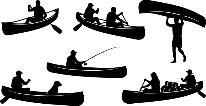 Canoeing and kayaking silhouettes set isolated on white background vector illustration