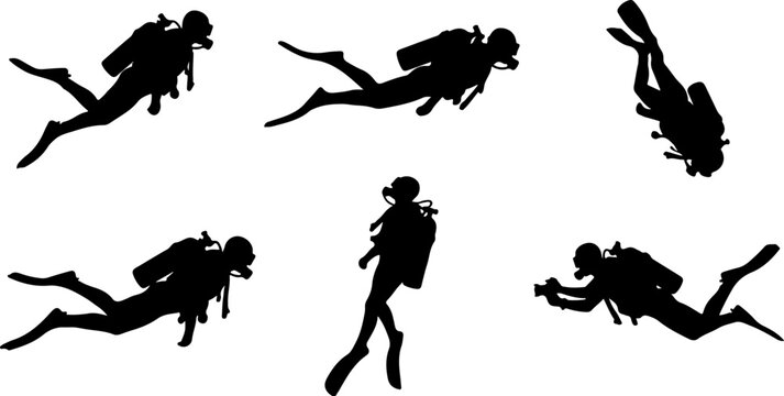 Set of scuba diver silhouettes isolated on white background vector illustration