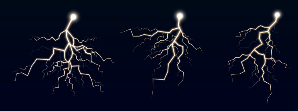Golden thunderbolt shines with brilliant electric branches and realistic storm energy. High resolution transparent PNG design element.