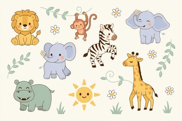 Naklejka premium Cute jungle animal set featuring a lion, monkey, zebra, elephant, giraffe, and hippo with sun and flowers on a light cream background, for kids