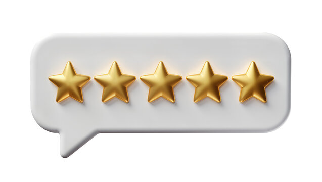 Isolated customer satisfaction feedback icon with five shiny golden stars in a chat bubble