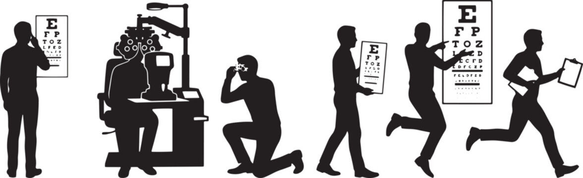 Optometrists and patients interact with eye charts and diagnostic equipment in this series of black silhouettes depicting professional vision testing procedures and eye health examinations.