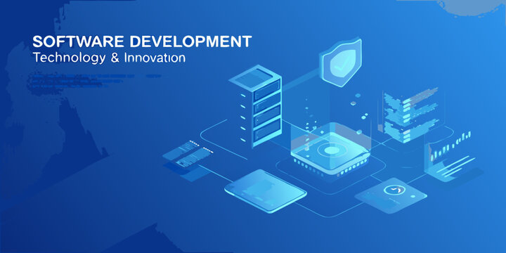 Isometric software development illustration with server shield and mobile device