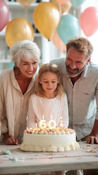 Happy family celebrating a 60th birthday with a cake and candles, surrounded by colorful balloons and joyful smiles. Three generations share a special moment together at home