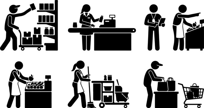 Set of supermarket staff icons, grocery store employees working vector illustration