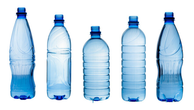 Isolated empty plastic water bottles without caps showing various shapes and designs on display