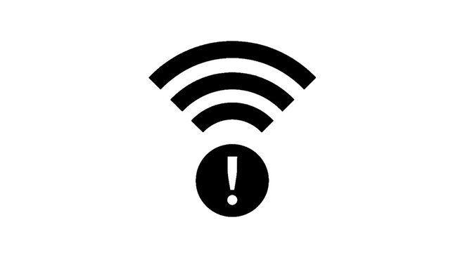 Minimal black silhouette icon, simple flat vector, bold black shape, no, no shading wifi signal icon with an exclamation mark indicating a connection error on a, flat icon style