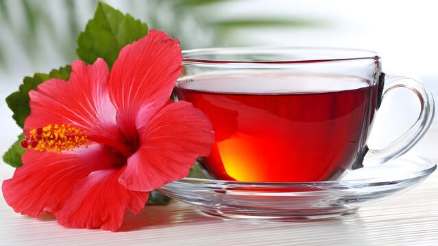 Vibrant ruby red hibiscus tea in a clear glass cup, complemented by the beautiful fresh red flower and dried calyces, highlights a healthy, tropical and refreshing herbal infusion.