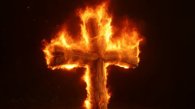 Static shot of wooden cross burning with flames in dark outdoor forest at night, slow steady view of engulfed log structure