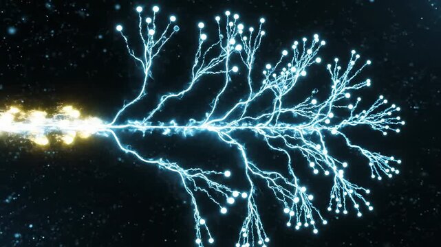 Bright blue electric energy flows and branches out in a dark space, transitioning from a linear form to a complex structure with glowing particles