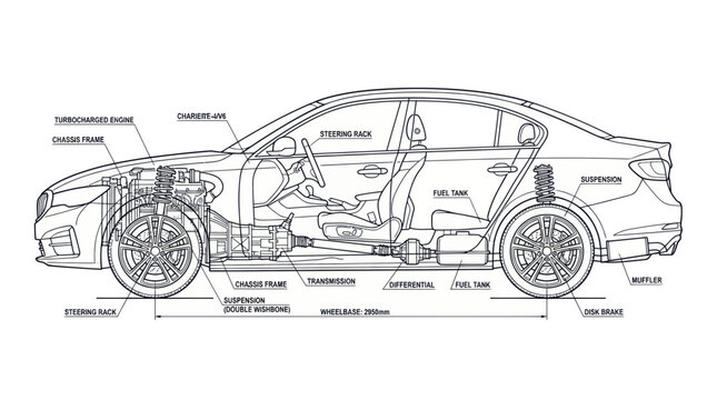 Car Cross Section Blueprint - Automotive Engineering Diagram