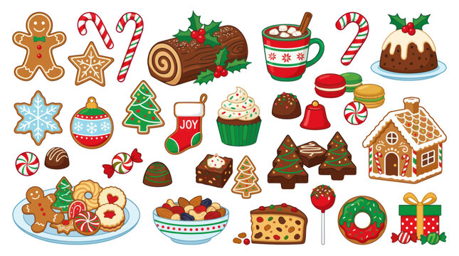 Christmas Sweets and Treats Assortment: Cookies, Cakes, Candies, Hot Chocolate