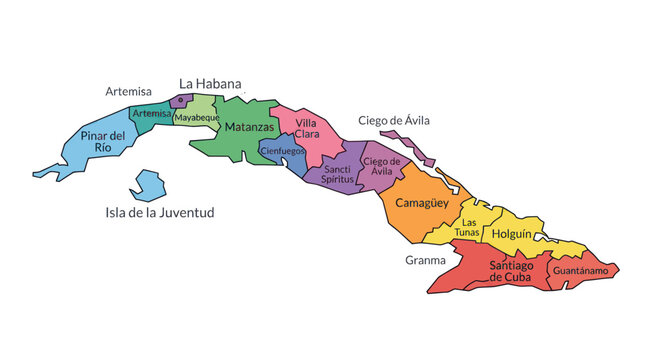 Colorful Map of Cuba Divided into Provinces with Labels