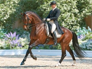 Obraz premium Rider trains horse in dressage competition at outdoor arena in summer