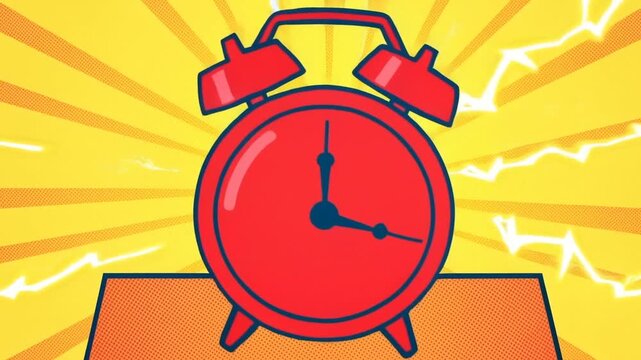 Zoom in close up of red alarm clock ringing and vibrating on table with comic burst yellow rays background
