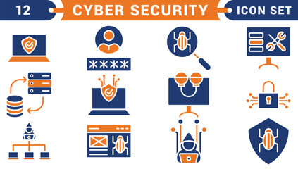 Fototapeta premium Cyber Security editable stroke outline icons set. Data protection, spam, secure, security, antivirus, password, privacy, padlock and hacker. Vector illustration.