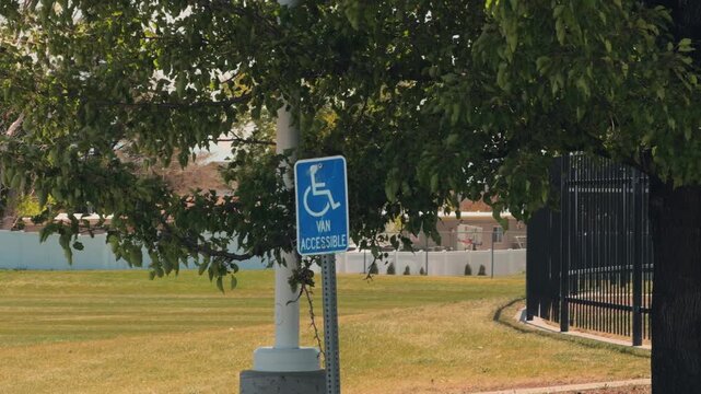 Static telephoto shot of an accessible parking sign beneath a leafy tree with branches gently moving in the wind.