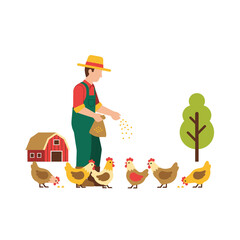 Fototapeta premium Farmer feeding chickens in the countryside on a sunny farm scene illustration