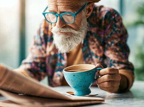 Older man reads newspaper while holding cup of coffee at a table in a cafe during the morning hours